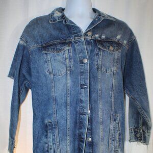 Zara Distressed Oversized Long Denim Jean Jacket with Graphic Words Size Small